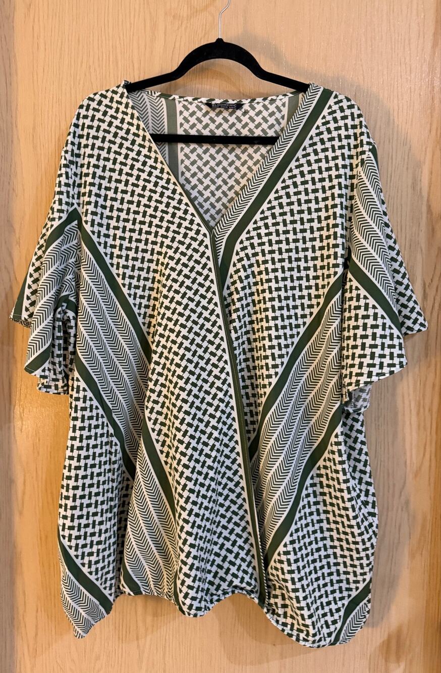 BloomChic Plus Size 22-24 Geometric Kimono Open Front Green White
